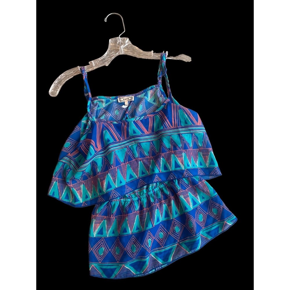 Kirra Multi Colored Geometric Blue Tank Top Size Small Open Back Blouse